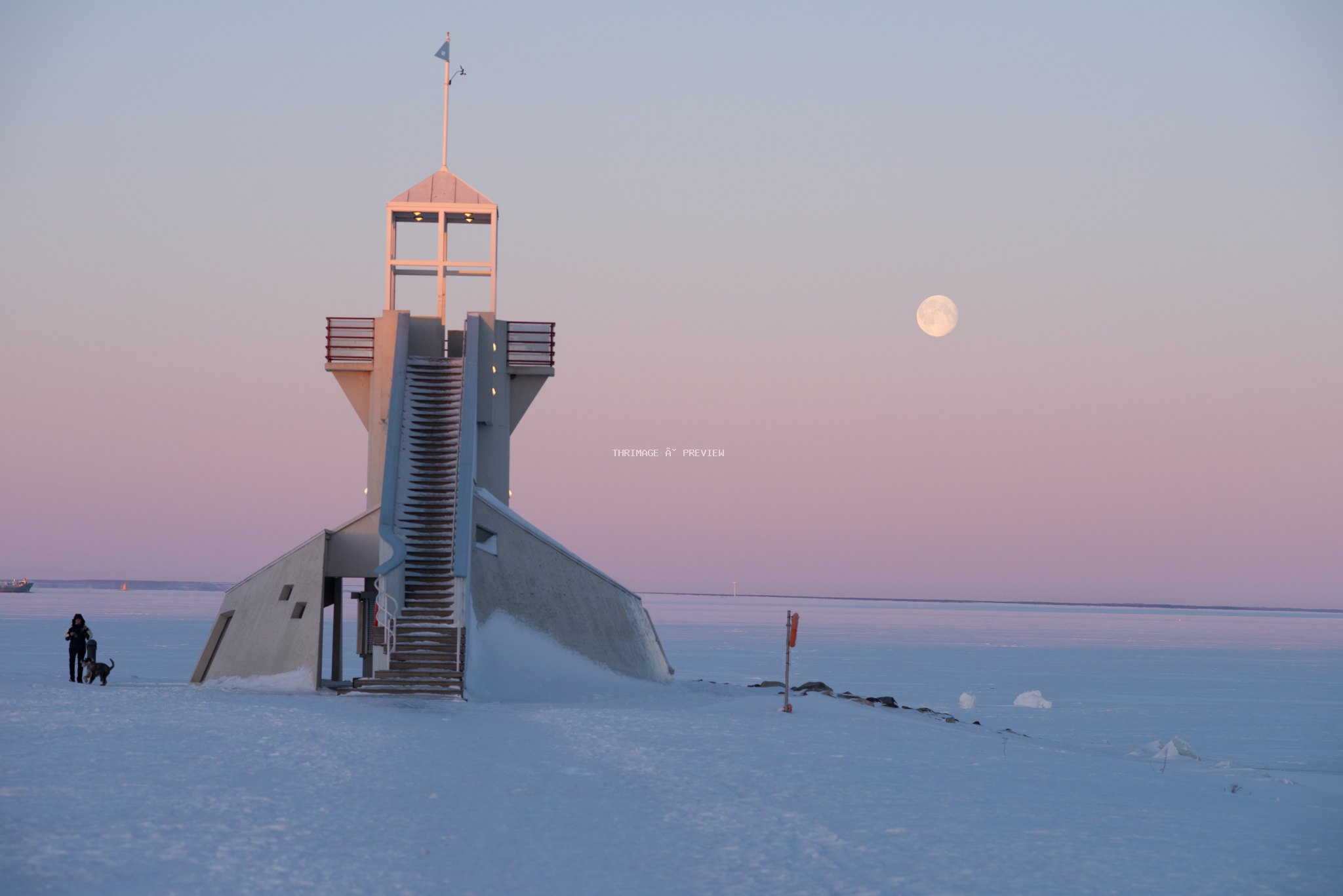 Finland Snow-covered lookout tower beside calm water with the moon in a pink twilight sky and a person walking a dog nearby.