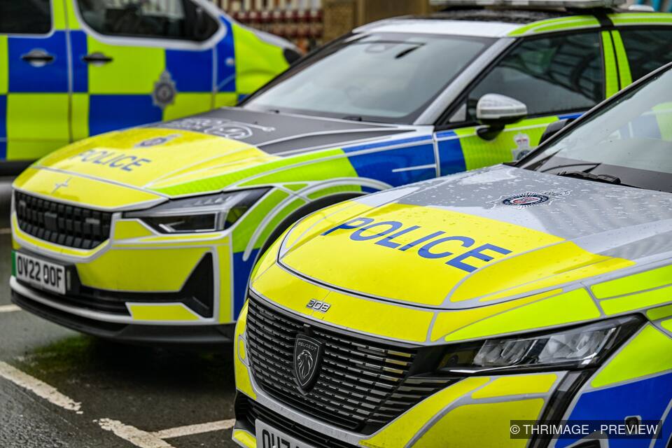 Group of marked British police vehicles parked together