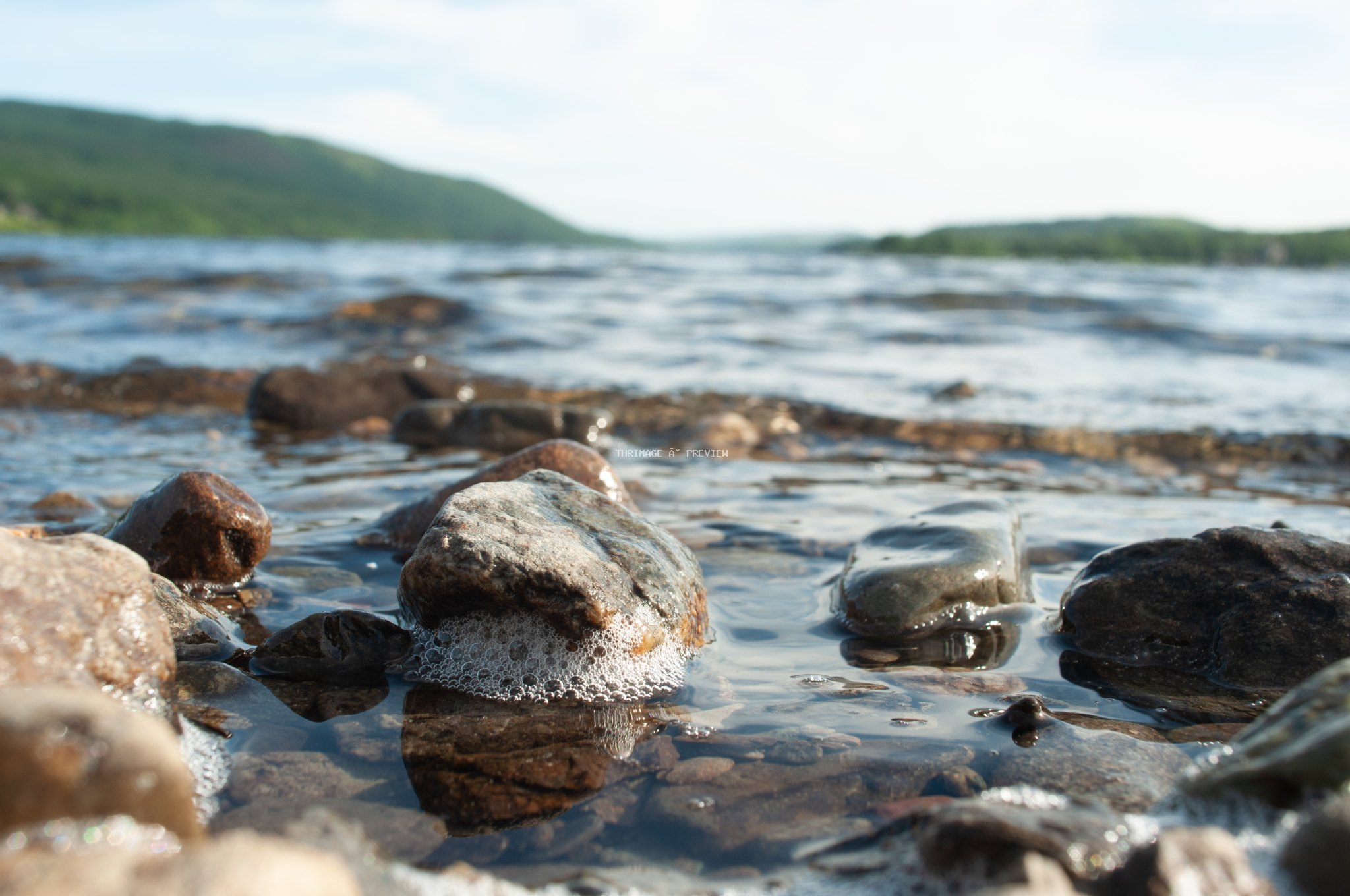 Wet rounded rocks in shallow seawater with a green coastal hill in the background